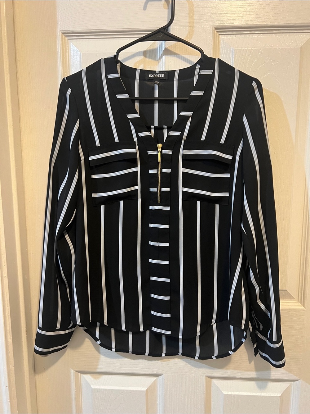 Express Black and White Vertical Stripe Zip-Pocket Blouse